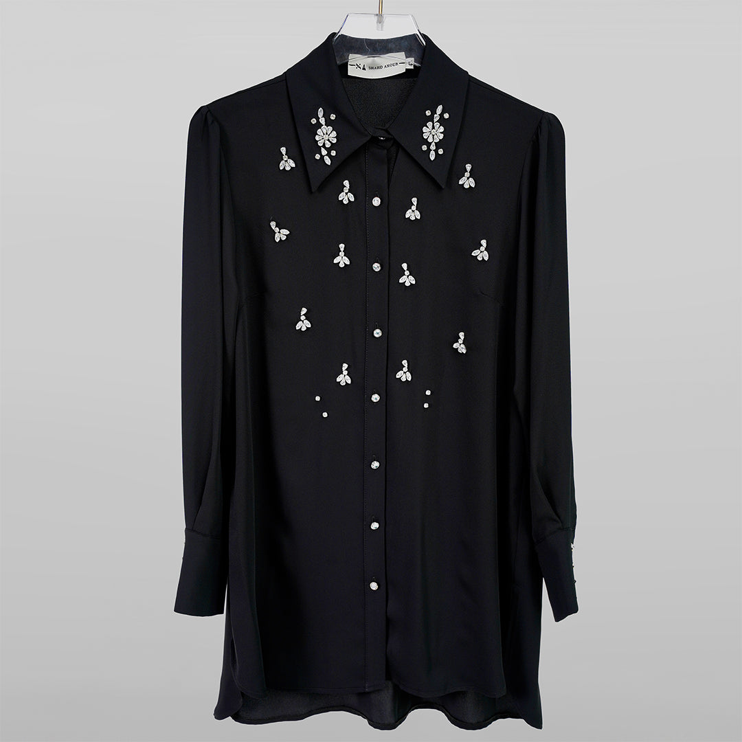 Embellished black shirt with long sleeves