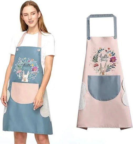 flower design kitchen pocket waterproof apron cooking for women blue & pink