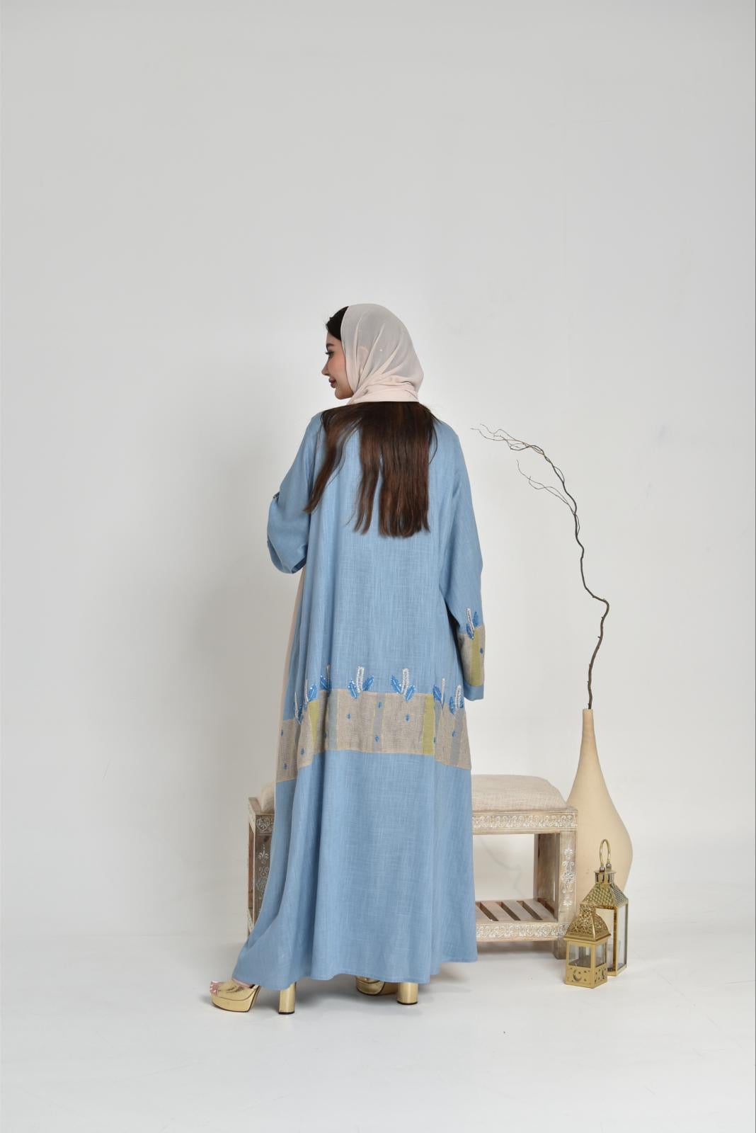 Sky blue linen fabric abaya, embroidered with appliqué art