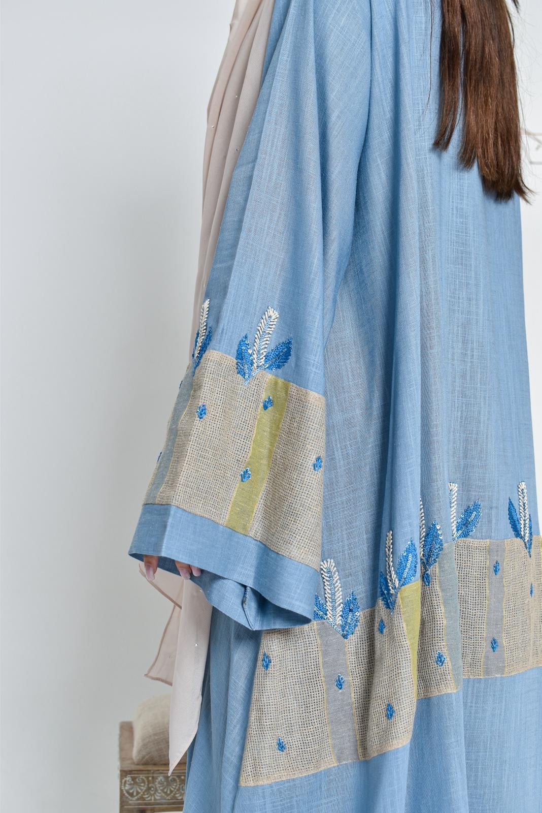 Sky blue linen fabric abaya, embroidered with appliqué art