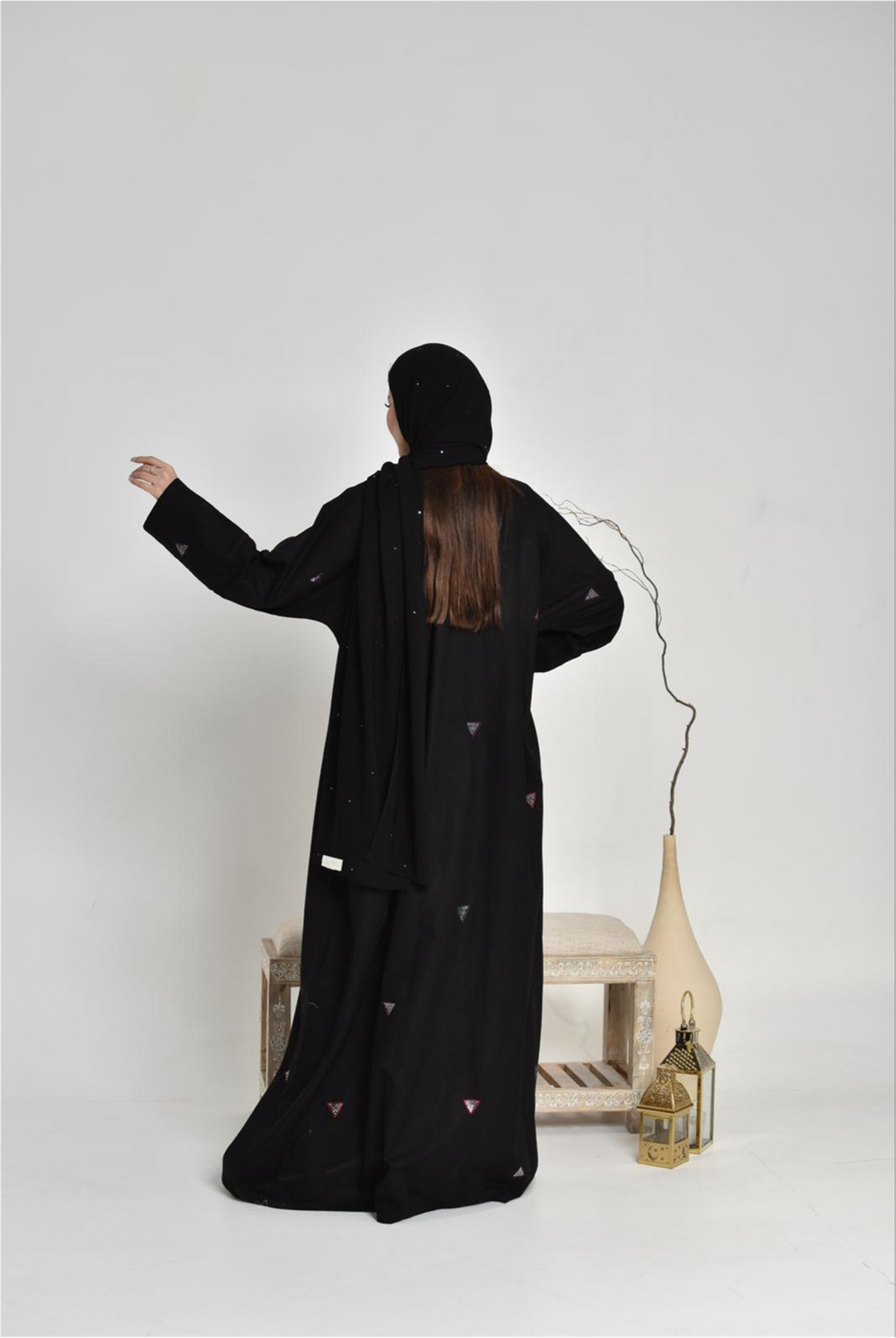 black linen fabric Abaya embroidered with Bahraini Naghda art