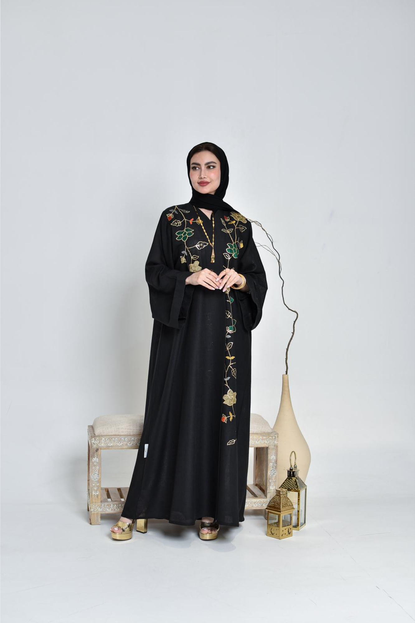 Black linen abaya made of appliqué art with hand embroidery