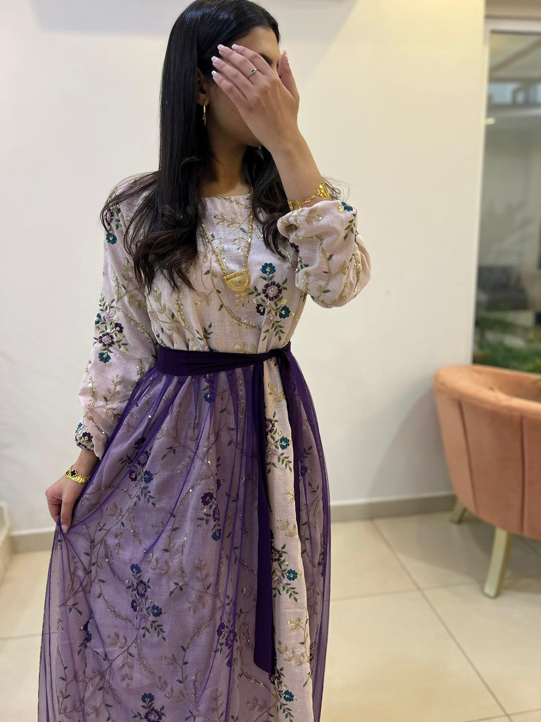 Embroidered dress with separate purple tulle