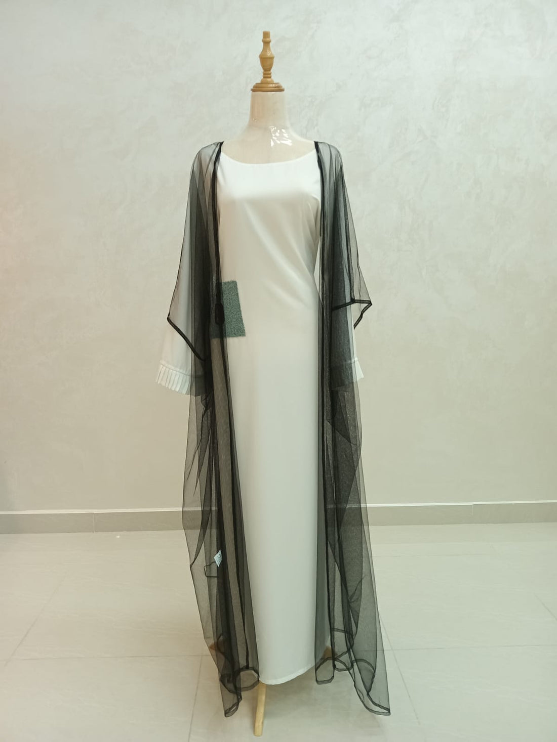Silk dress hand-embroidered with black tulle abaya