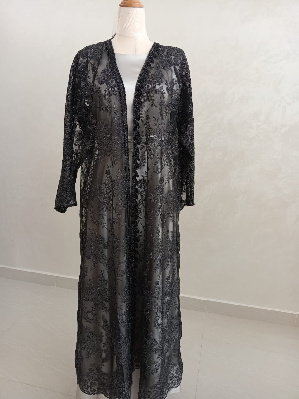 Black silver Arabic-style lace abaya free size handmade ruffle