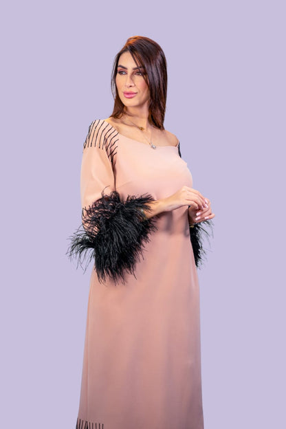 Modern pink dress straight cut &amp; long sleeves decorated with black feathers and beads