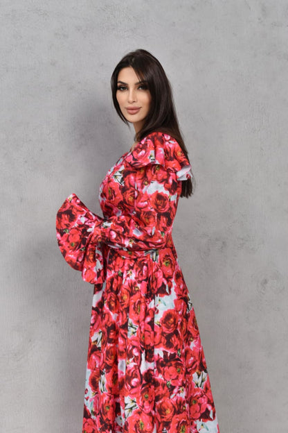 Modern red A-line floral dress with long sleeves with ruffles
