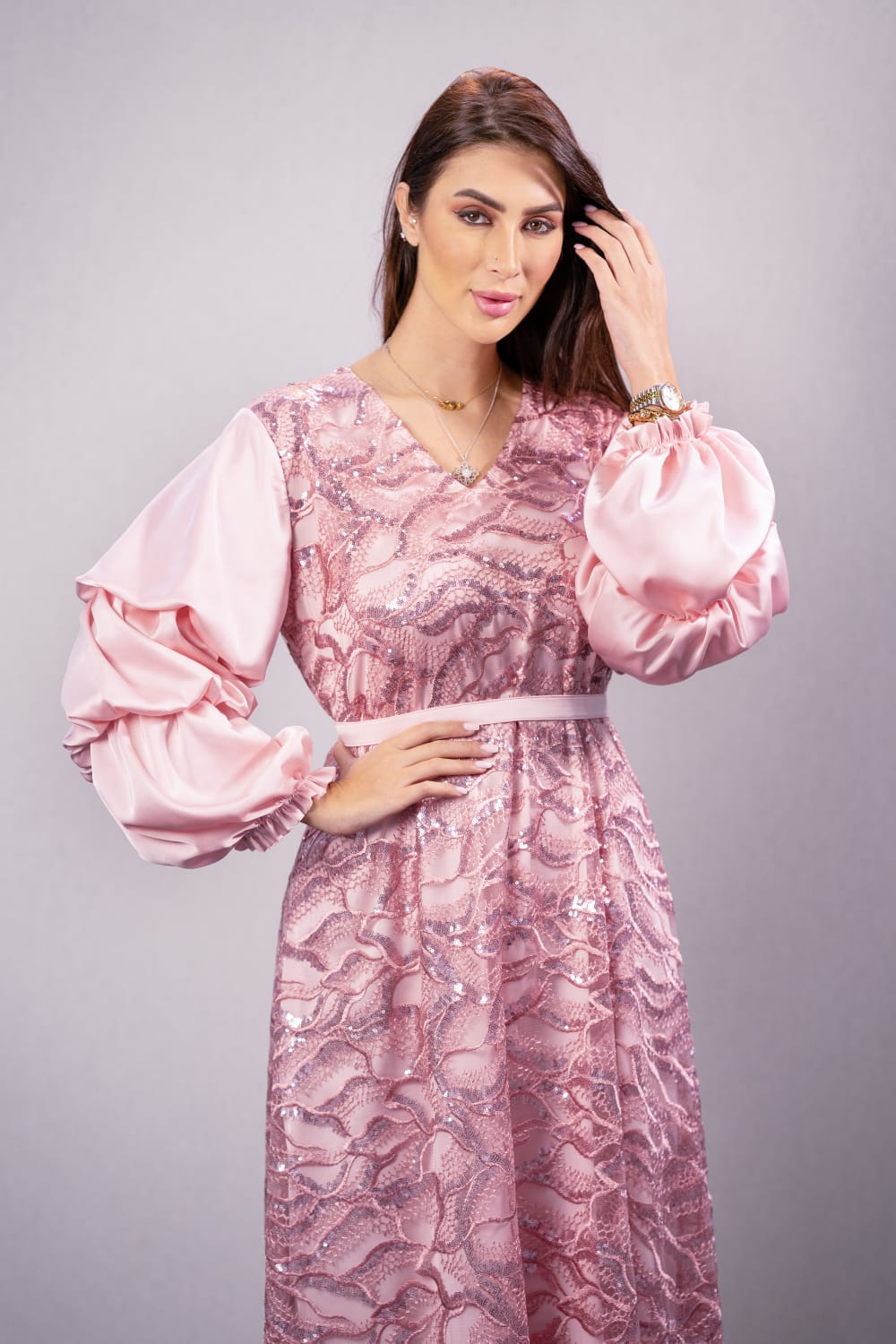 Shiny pink folk dress, straight cut &amp; long sleeves