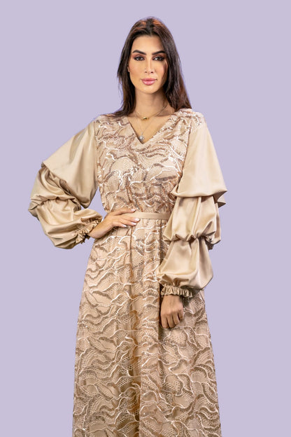 Shiny beige folk dress, straight cut &amp; long sleeves