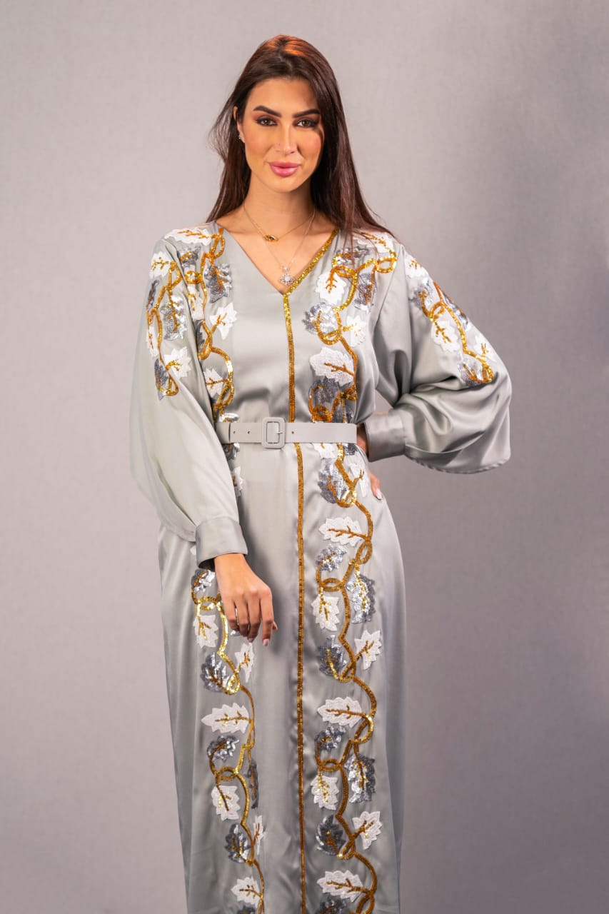 Grey Folk-decorated dress hand-made in the form of leaves &amp; loose sleeves, with a belt