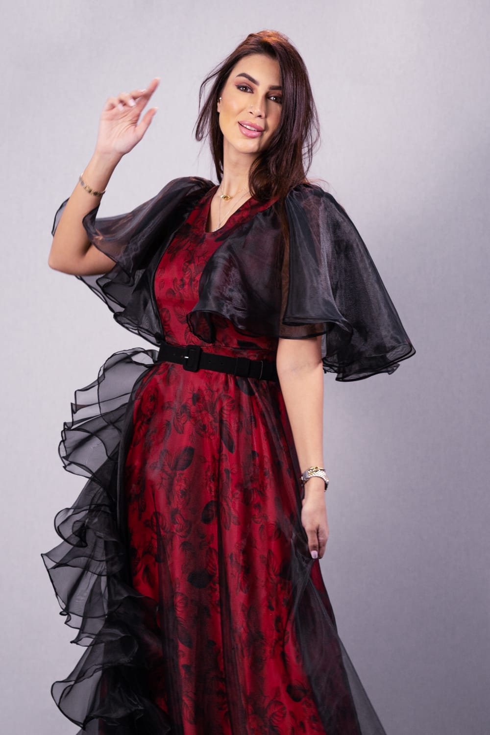 Modern organza dress with red lining and side ruffles