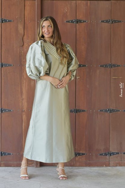 Modern dress with puff sleeves &amp; straight cut with hand-embroider on the chest