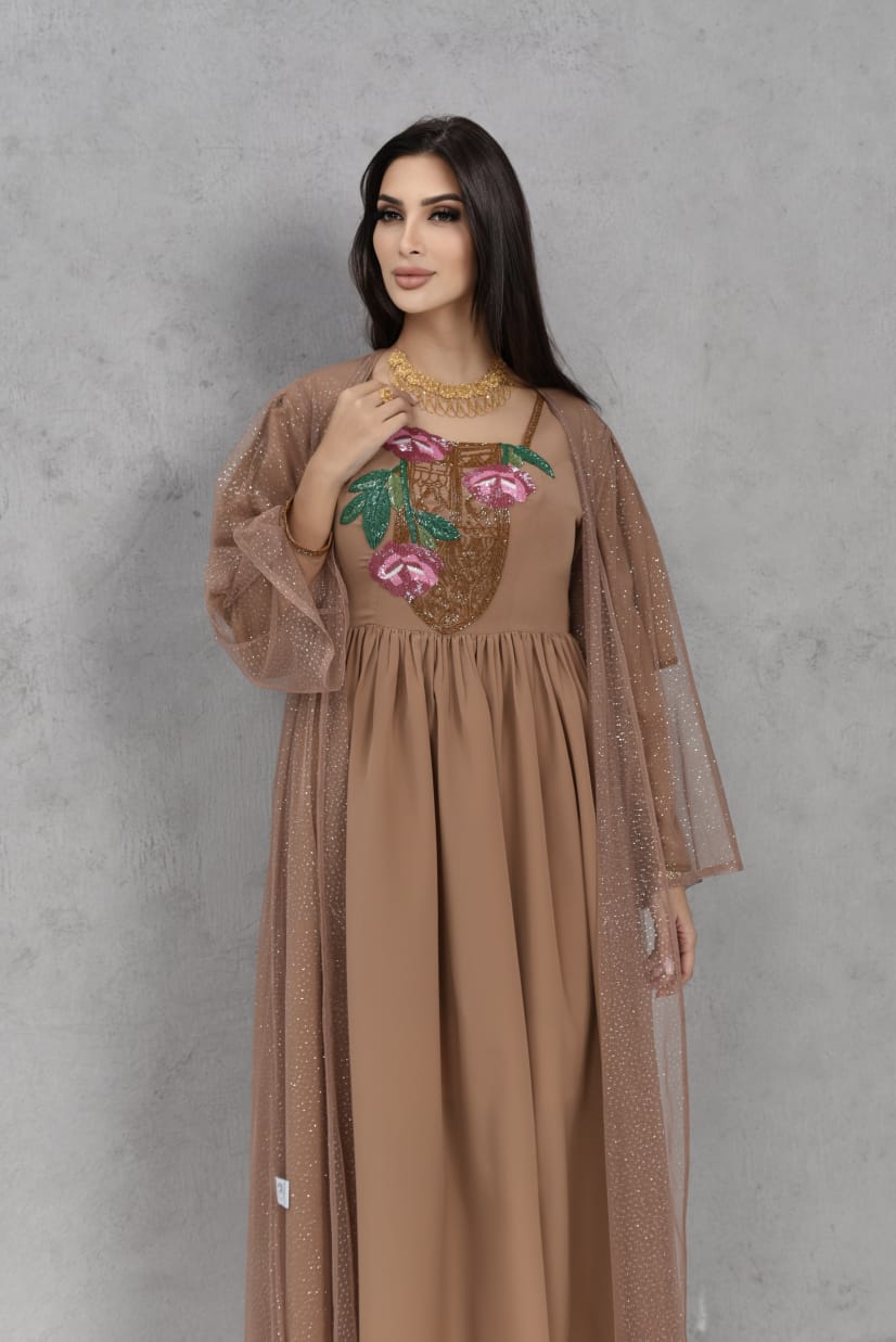Handmade brown dress with sparkling tulle abaya
