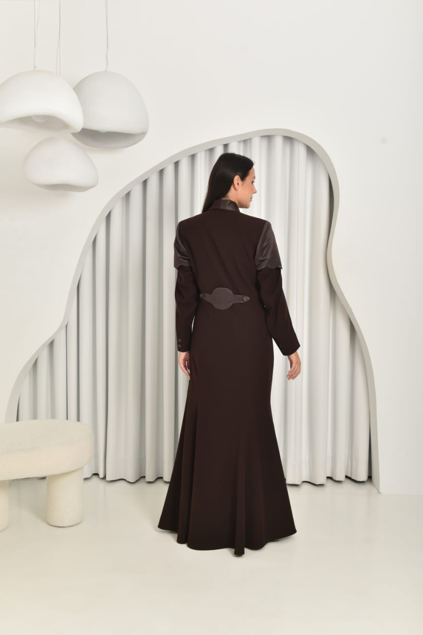 Long dark brown abaya with sleeveless inner dress