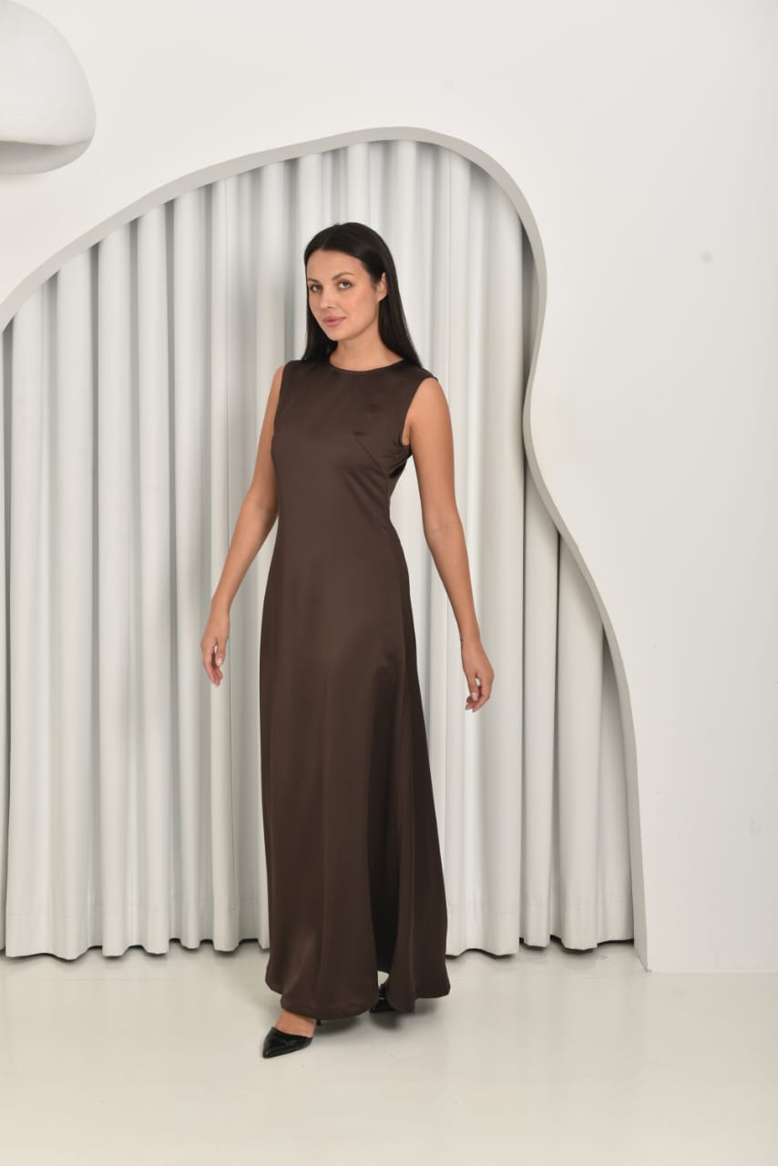 Long dark brown abaya with sleeveless inner dress