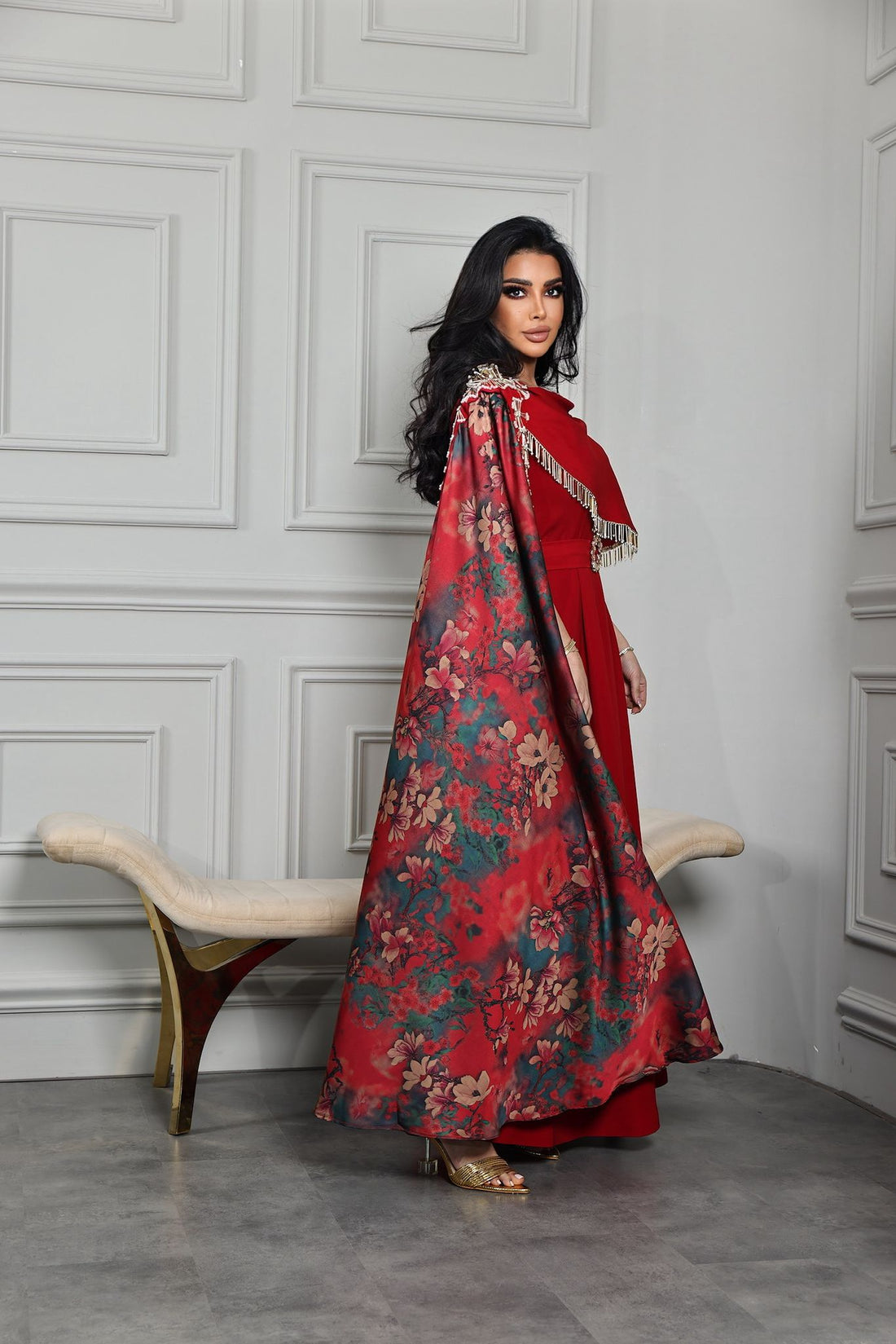 embroidered dress with a shawl on the side