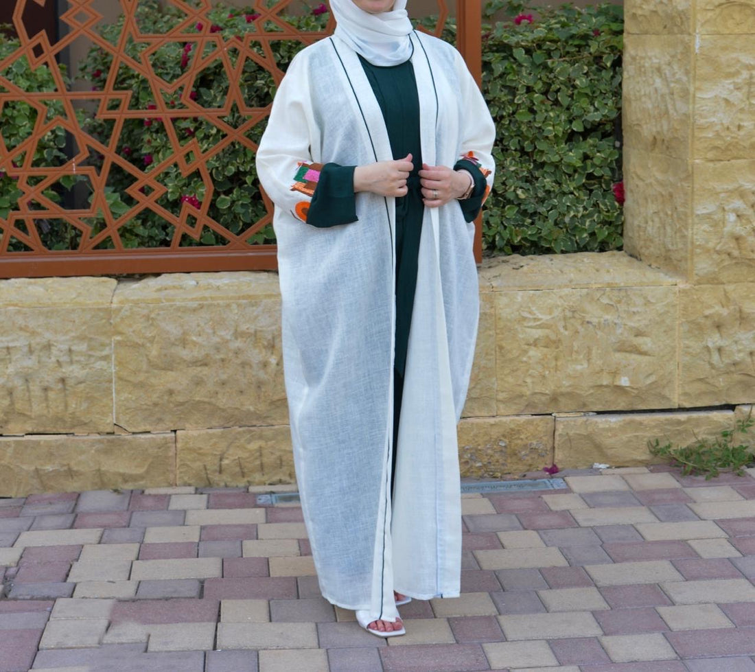 Linen abaya set Embroidered with flowers and jumpsuit