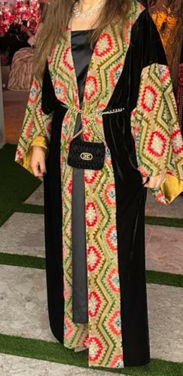Velvet open abaya with front velvet work on chiffon