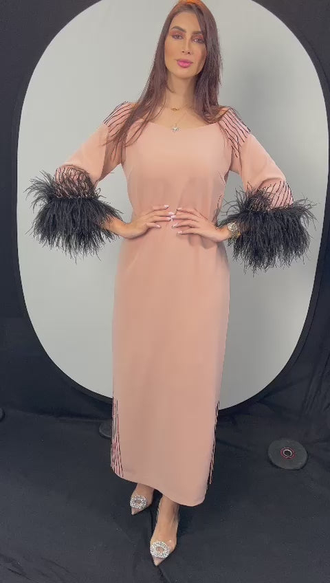 Modern pink dress straight cut &amp; long sleeves decorated with black feathers and beads