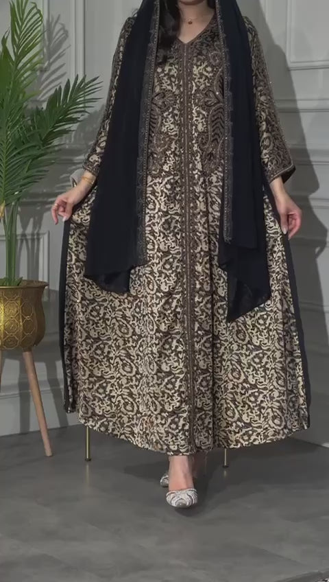Dress with wide sleeves and a V-neck, fully embroidered (Italian Silk)