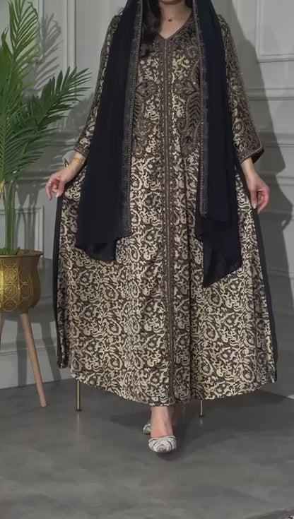 Dress with wide sleeves and a V-neck, fully embroidered (Italian Silk)