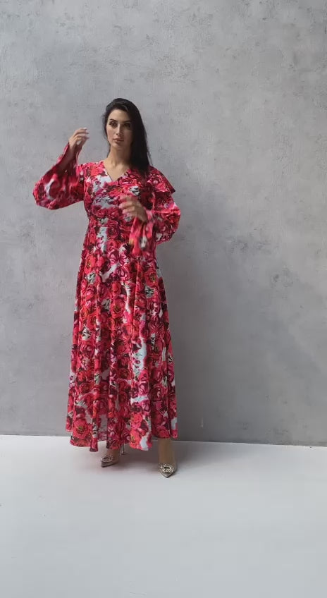 Modern red A-line floral dress with long sleeves with ruffles