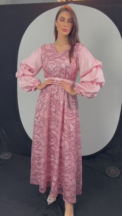 Shiny pink folk dress, straight cut &amp; long sleeves