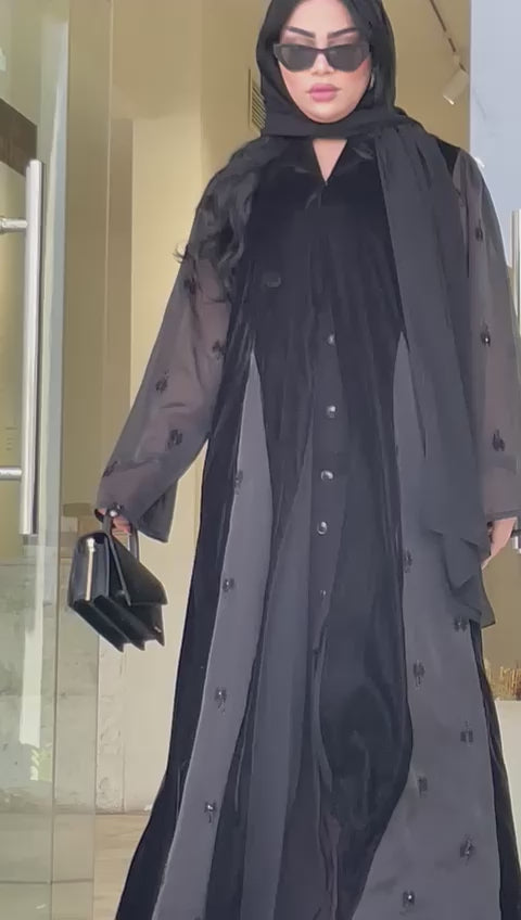 Cloche-cut abaya made of Korean velvet with embroidered organza